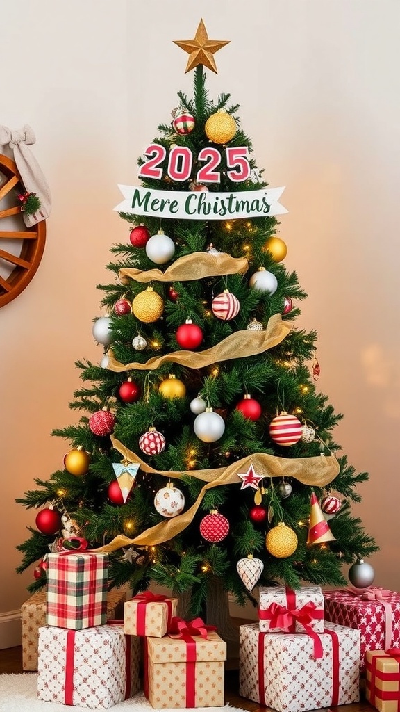 A creatively decorated Christmas tree with lights, ornaments, and gifts underneath.